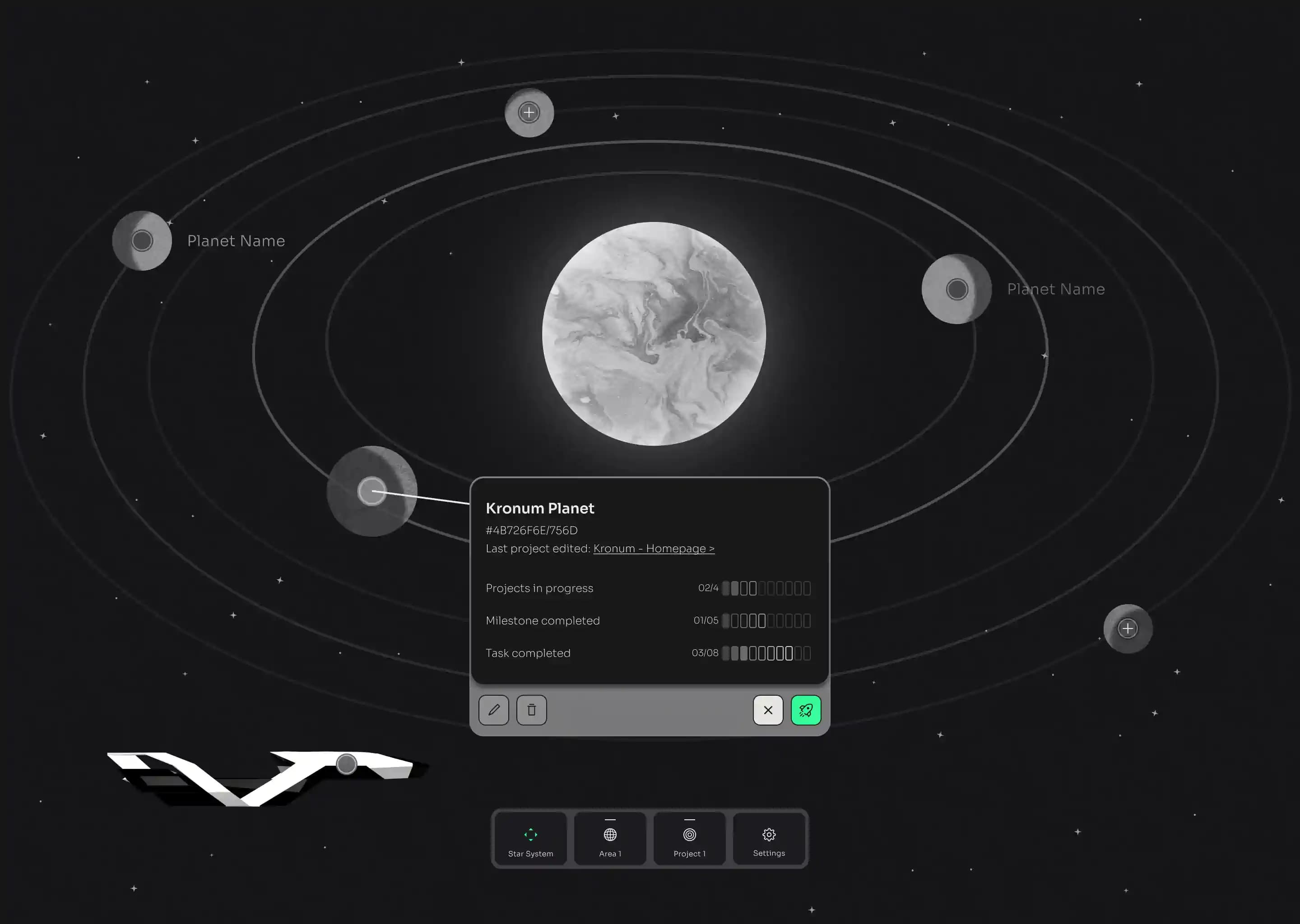 A minimalist solar system in dark design with a white sun at the center. Gray planets of varying sizes orbit on elliptical paths, each connected to a Name label. A plus symbol on one planet allows adding new planets. The design stands out with fine lines and a subtle glow effect around the sun.