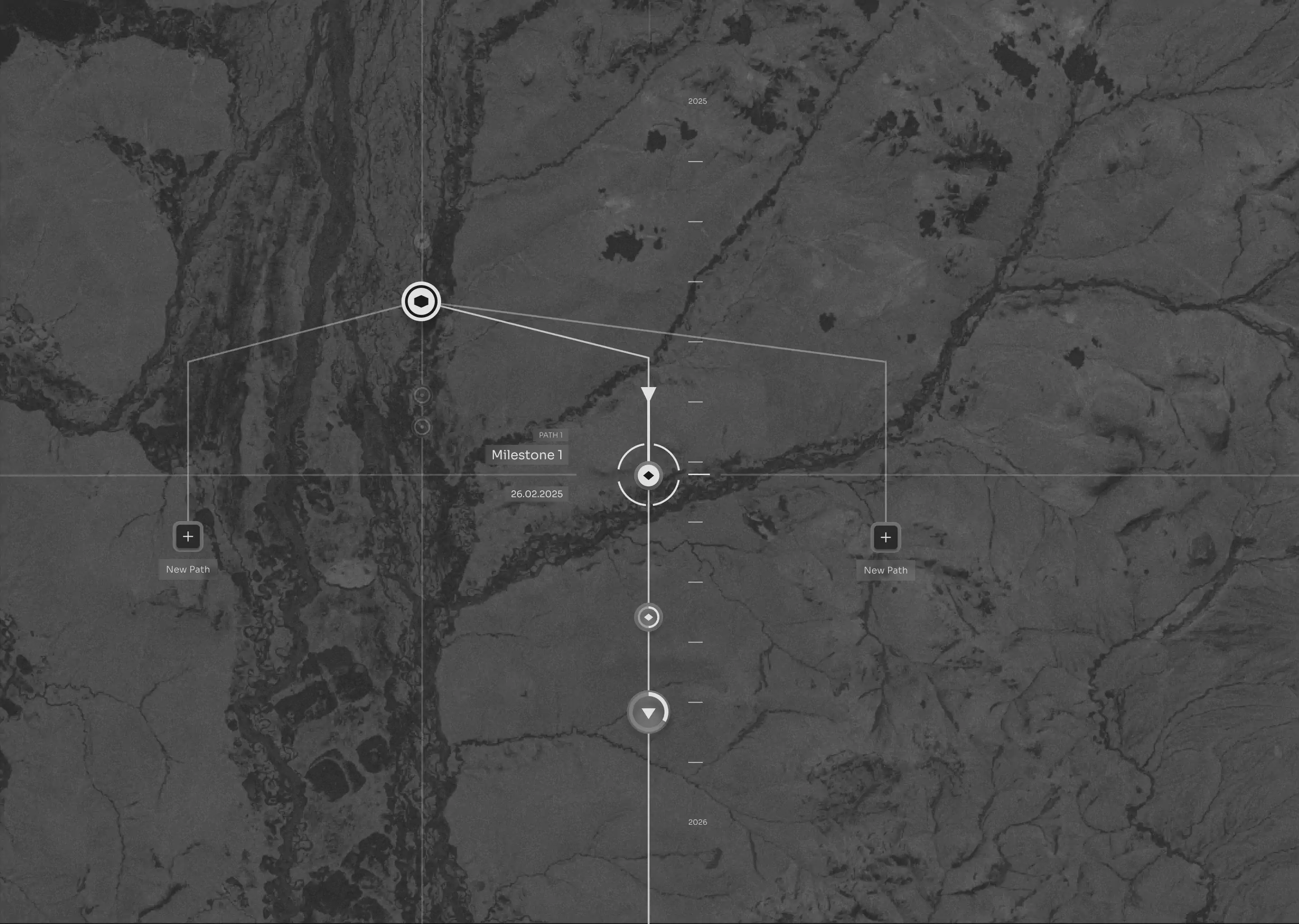 The image shows a simple, round planet in various shades of gray. In the center is a hexagonal area that serves as a landing zone. Lines extend from there to three additional landing zones, which are marked by small dots on the surface. One side of the planet is more brightly lit, making the planet stand out well against the dark background.